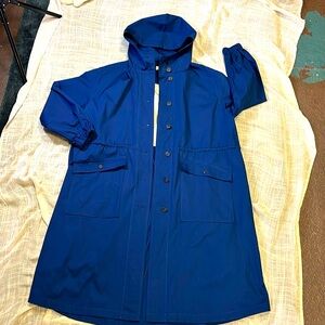 Poetry London Coated Cotton Hooded Trench Coat, Royal Blue, NWOT, size US 12